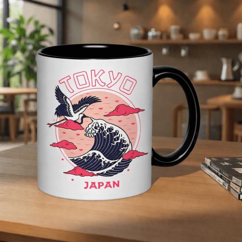 Tailorly Black Accent 11 oz Mug - crane and wave from Tokyo Japan