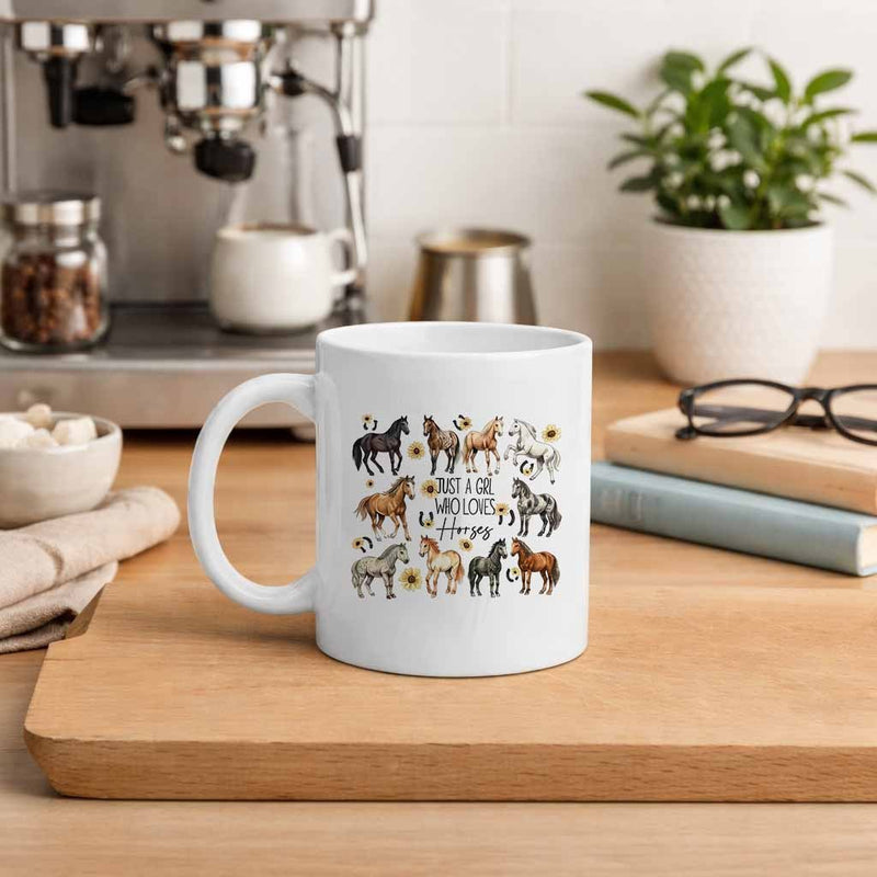Tailorly White Ceramic 11 oz Mug - horses and daisies