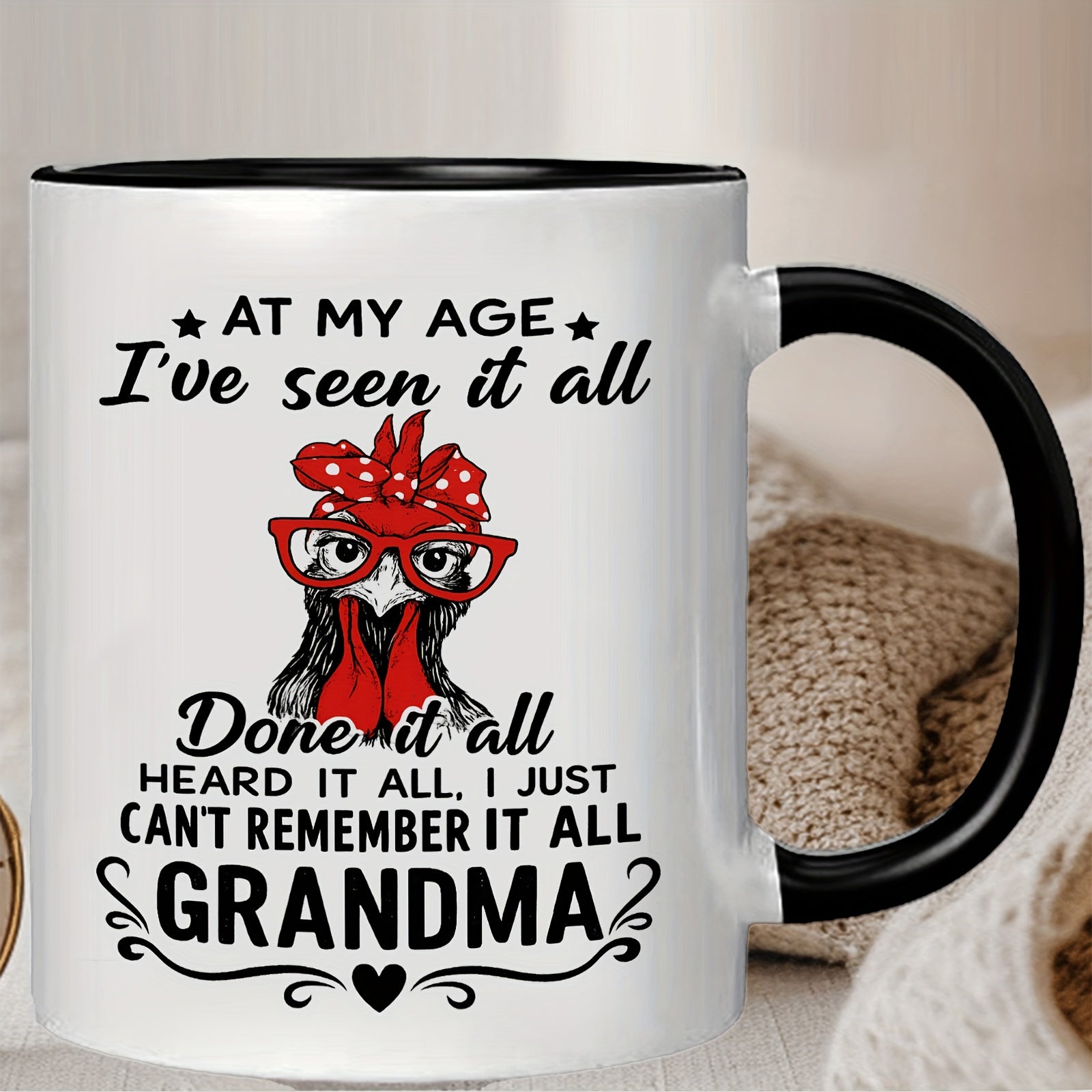 Tailorly Black Accent 11 oz Mug - owl， white red polka dot， grandma themed， funny age joke， grandma quote