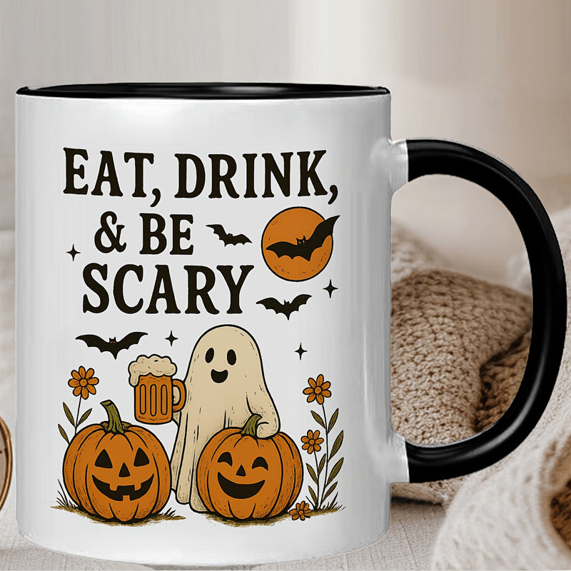 Tailorly Black Accent 11 oz Mug - eat drink be scary text