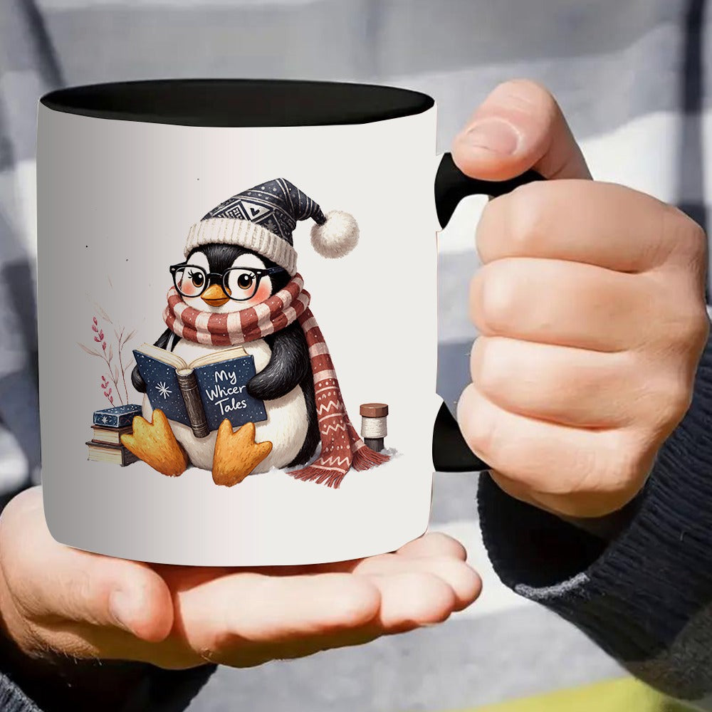 Tailorly Black Accent 11 oz Mug - adorable penguin engrossed in winter stories