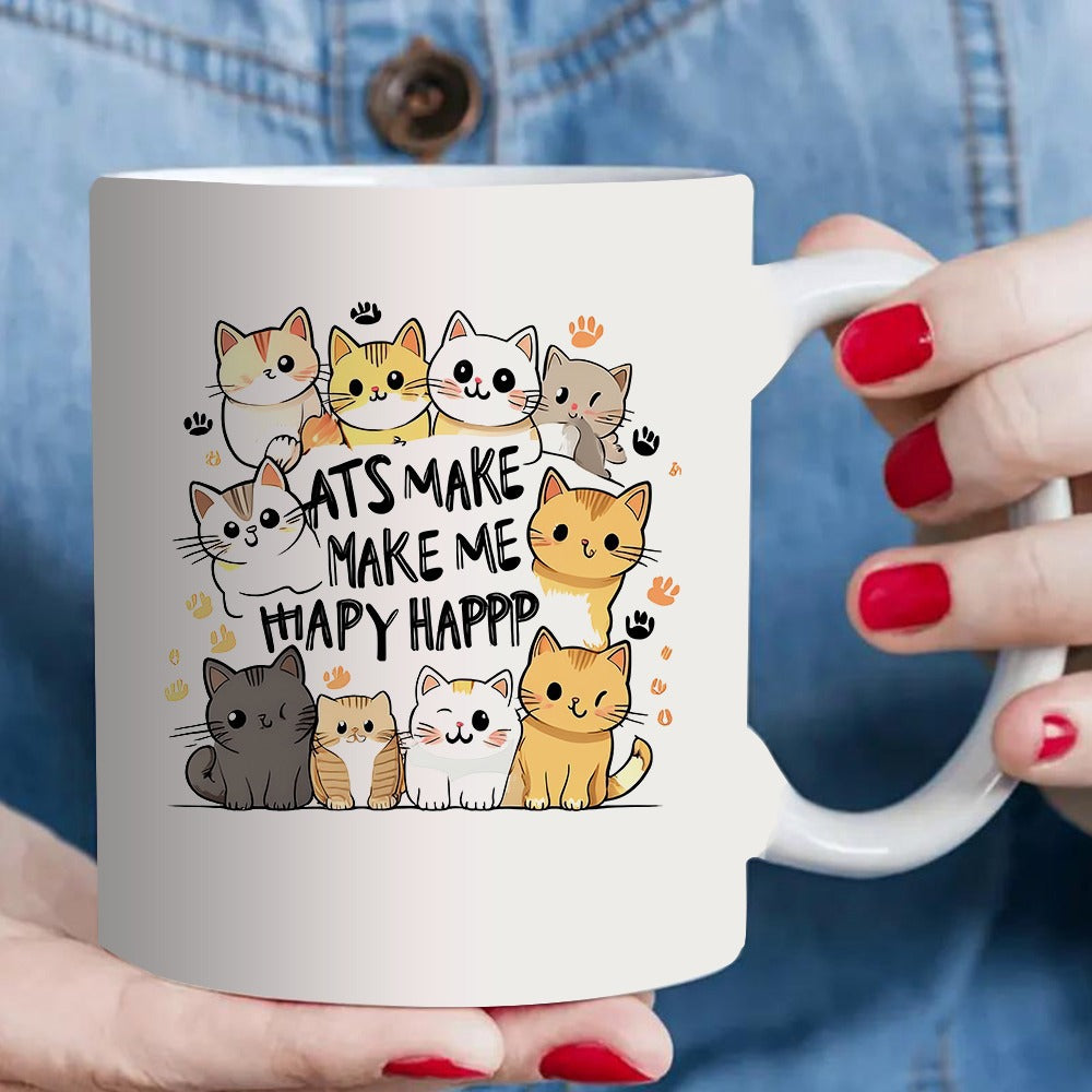 Tailorly White Ceramic 11 oz Mug - cute cat-themed illustration