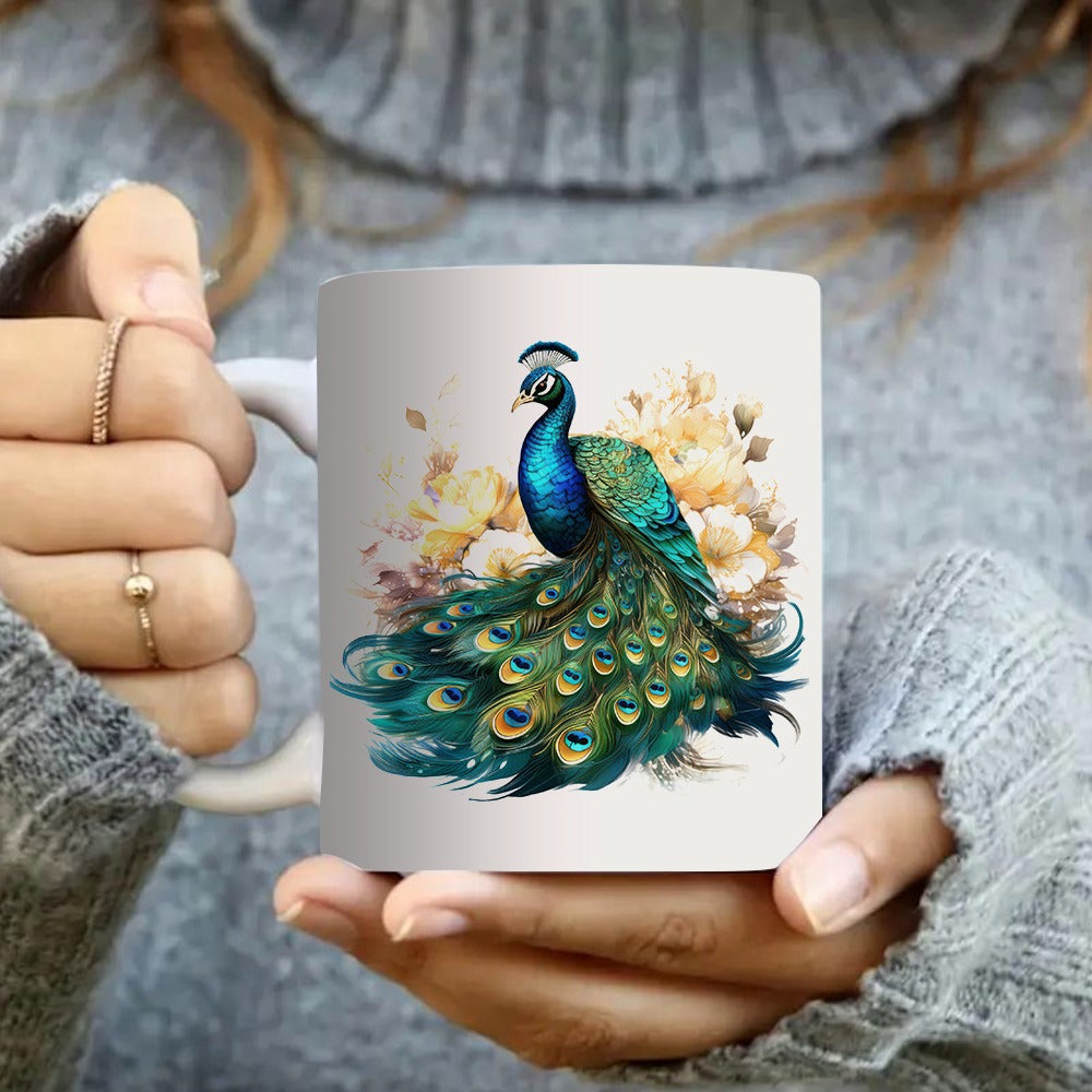 Tailorly White Ceramic 11 oz Mug - peacock and elegant artistic pattern