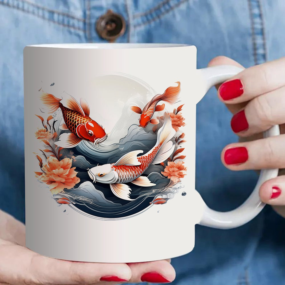 Tailorly White Ceramic 11 oz Mug - koi fish and cherry design