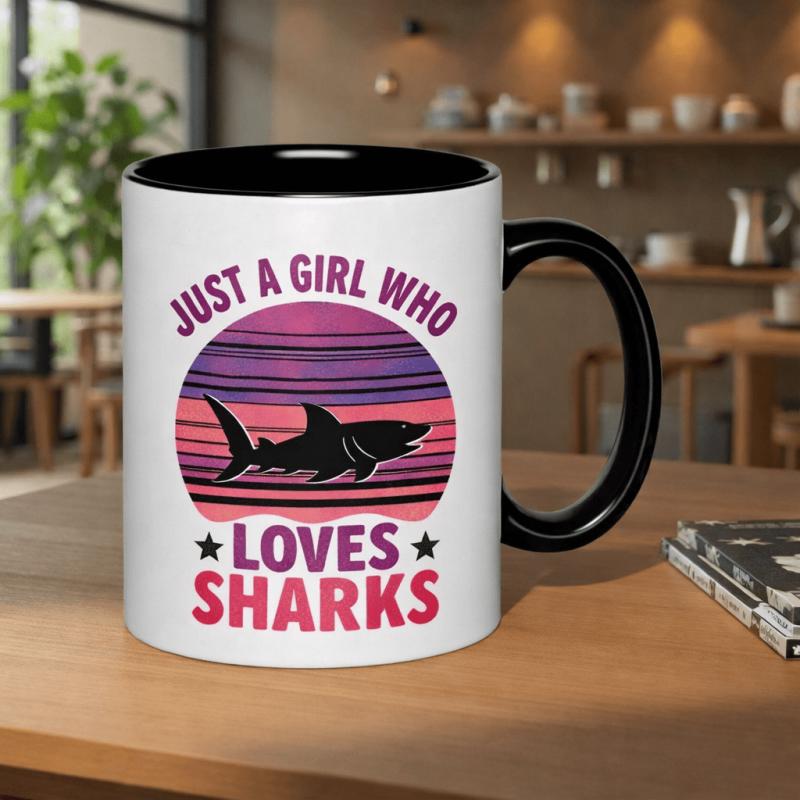 Tailorly Black Accent 11 oz Mug - a mug featuring a unique sunset design a girl who sharks this 11oz printed ceramic cup is safe for the dishwasher