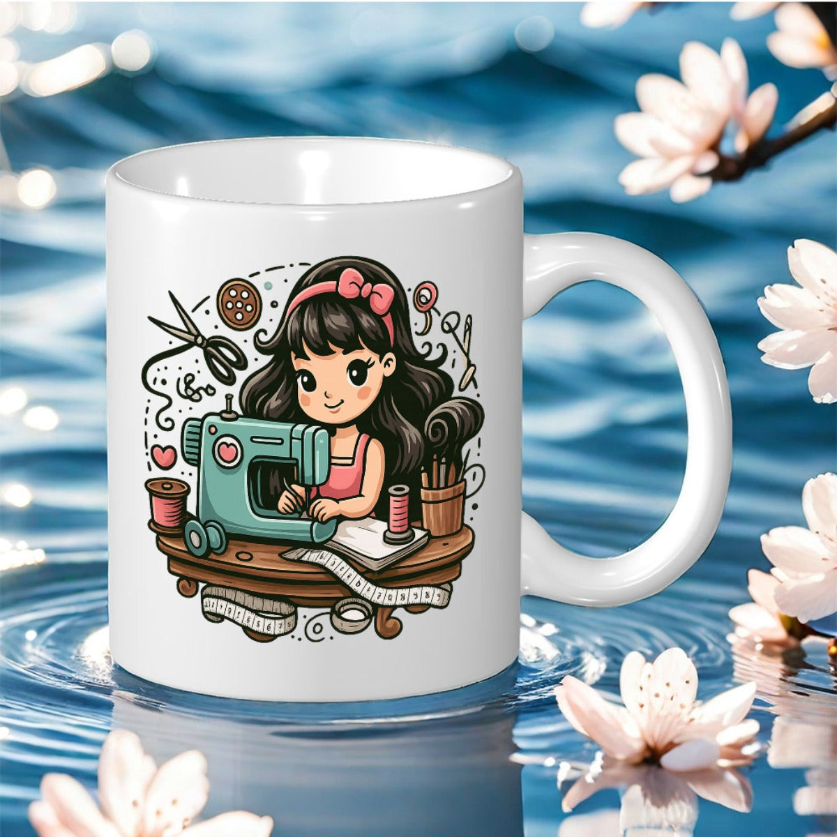 Tailorly White Ceramic 11 oz Mug - adorable sewing girl design halloween christmas holidays birthdays and thanks