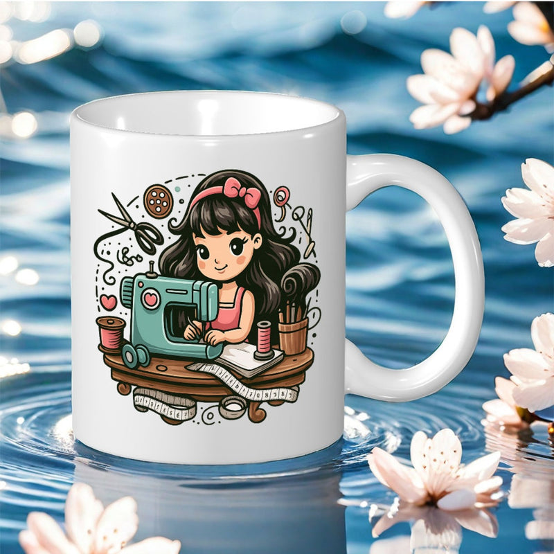 Tailorly White Ceramic 11 oz Mug - adorable sewing girl design halloween christmas holidays birthdays and thanks