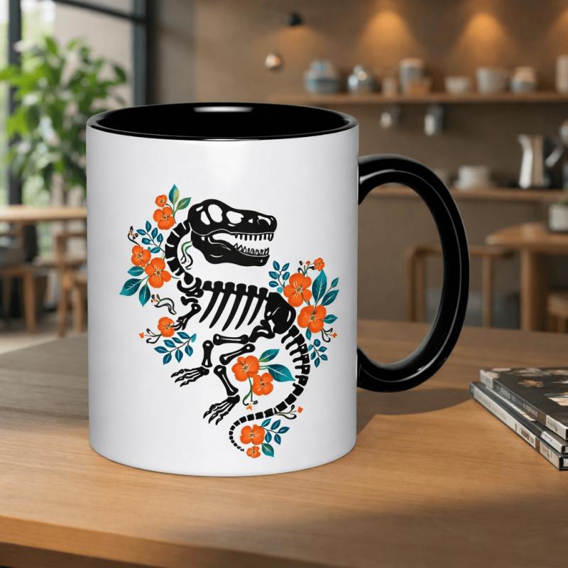 Tailorly Black Accent 11 oz Mug - dinosaur skeleton with orange flowers and green leaves