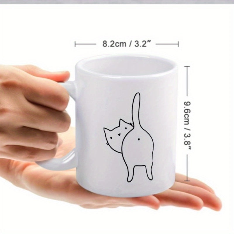 Tailorly White Ceramic 11 oz Mug - minimalist art cat sitting feline tail