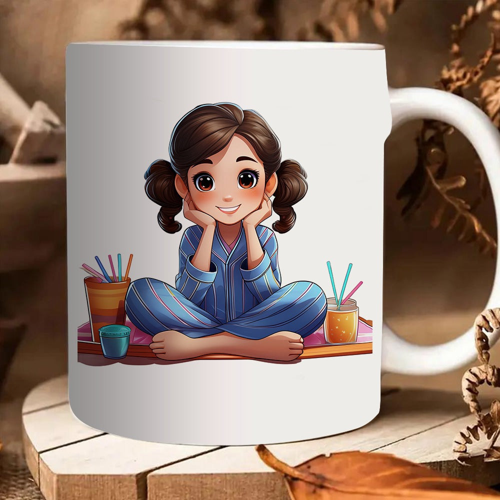 Tailorly White Ceramic 11 oz Mug - cute girl in pajamas with colorful straws and desk design
