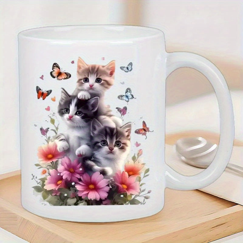 Tailorly White Ceramic 11 oz Mug - three kittens floral