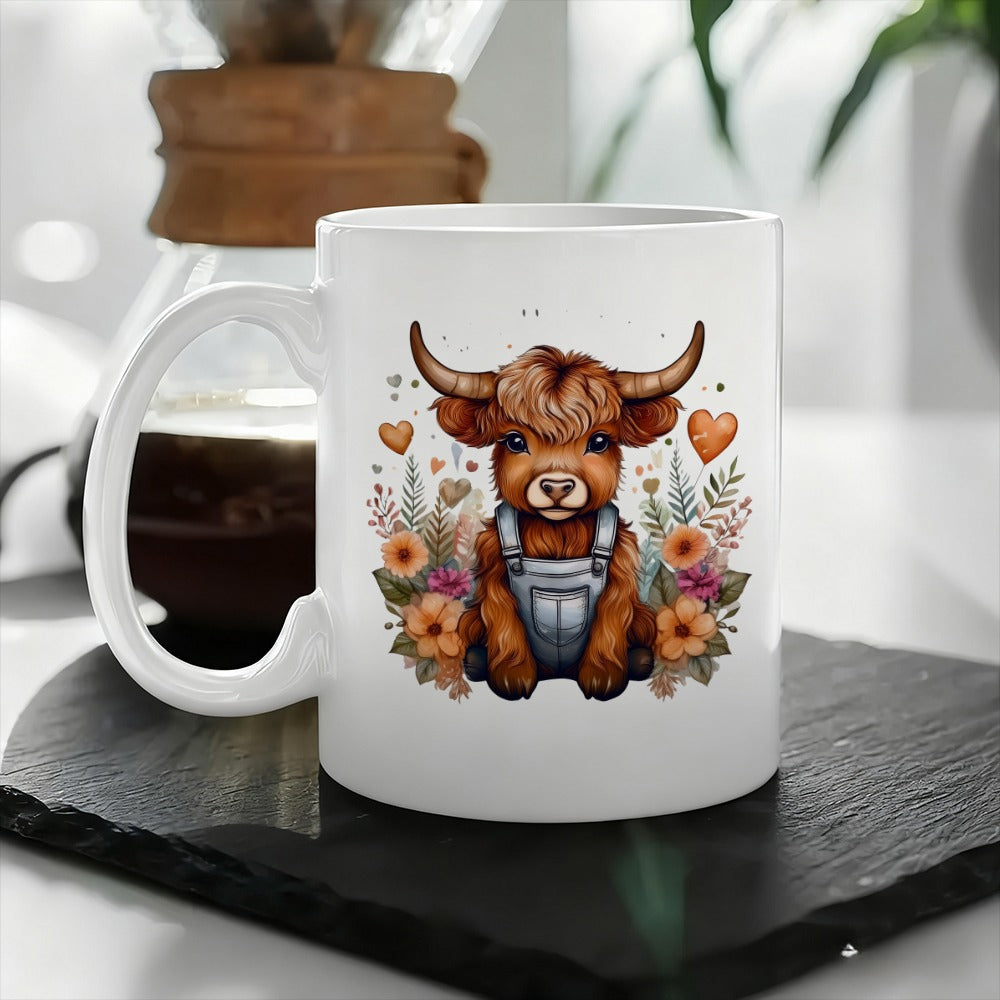 Tailorly White Ceramic 11 oz Mug - adorable highland cow dressed in overalls with a floral pattern