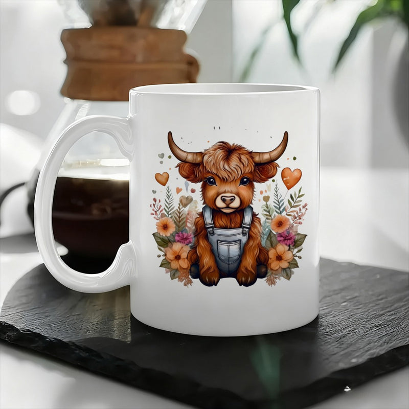 Tailorly White Ceramic 11 oz Mug - adorable highland cow dressed in overalls with a floral pattern