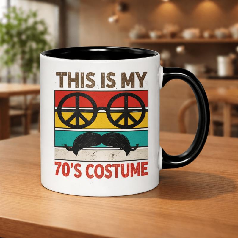 Tailorly Black Accent 11 oz Mug - 70s peace sign glasses moustache retro print