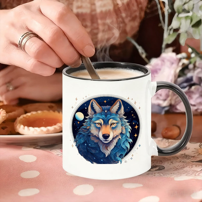 Tailorly Black Accent 11 oz Mug - wolf with starry night motif