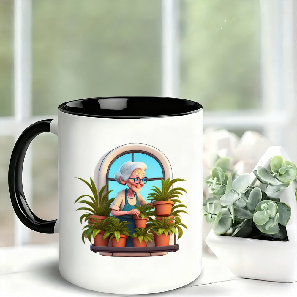 Tailorly Black Accent 11 oz Mug - an elderly woman with smile and glasses