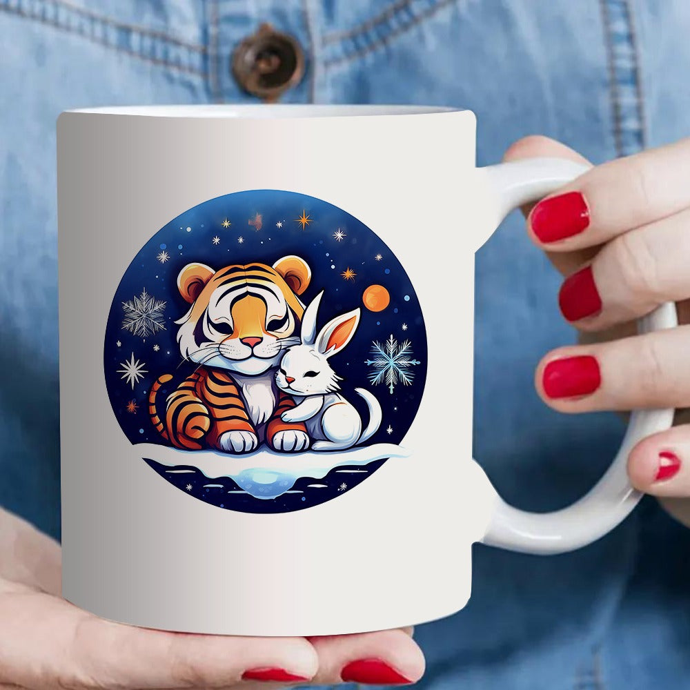 Tailorly White Ceramic 11 oz Mug - tiger and bunny embracing