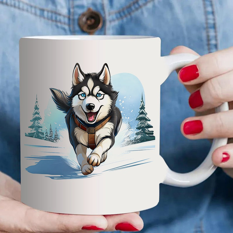 Tailorly White Ceramic 11 oz Mug - running in snow winter scene