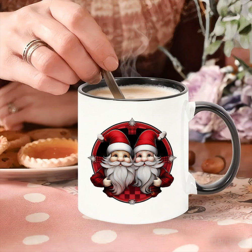 Tailorly Black Accent 11 oz Mug - two santa faces in red and white