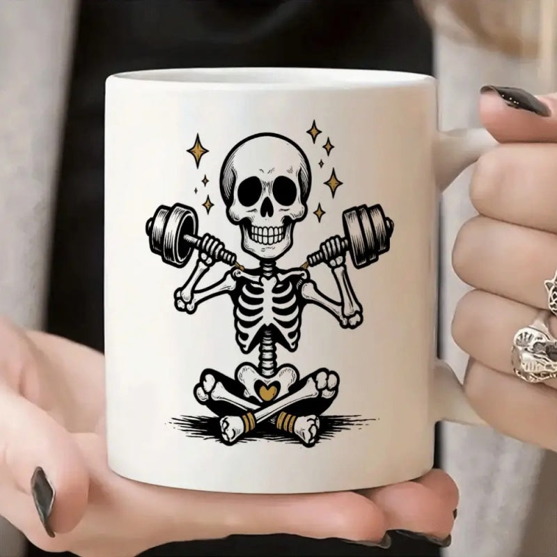 Tailorly White Ceramic 11 oz Mug - yoga skull with weights