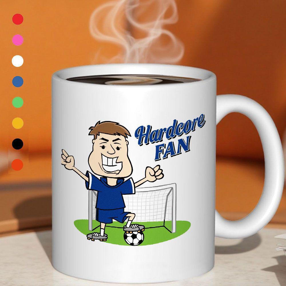 Tailorly White Ceramic 11 oz Mug - cartoon illustration smiling for shirt shorts on green grass with soccer goal