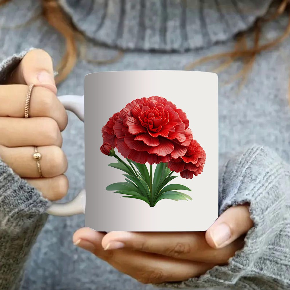 Tailorly White Ceramic 11 oz Mug - red carnation floral pattern