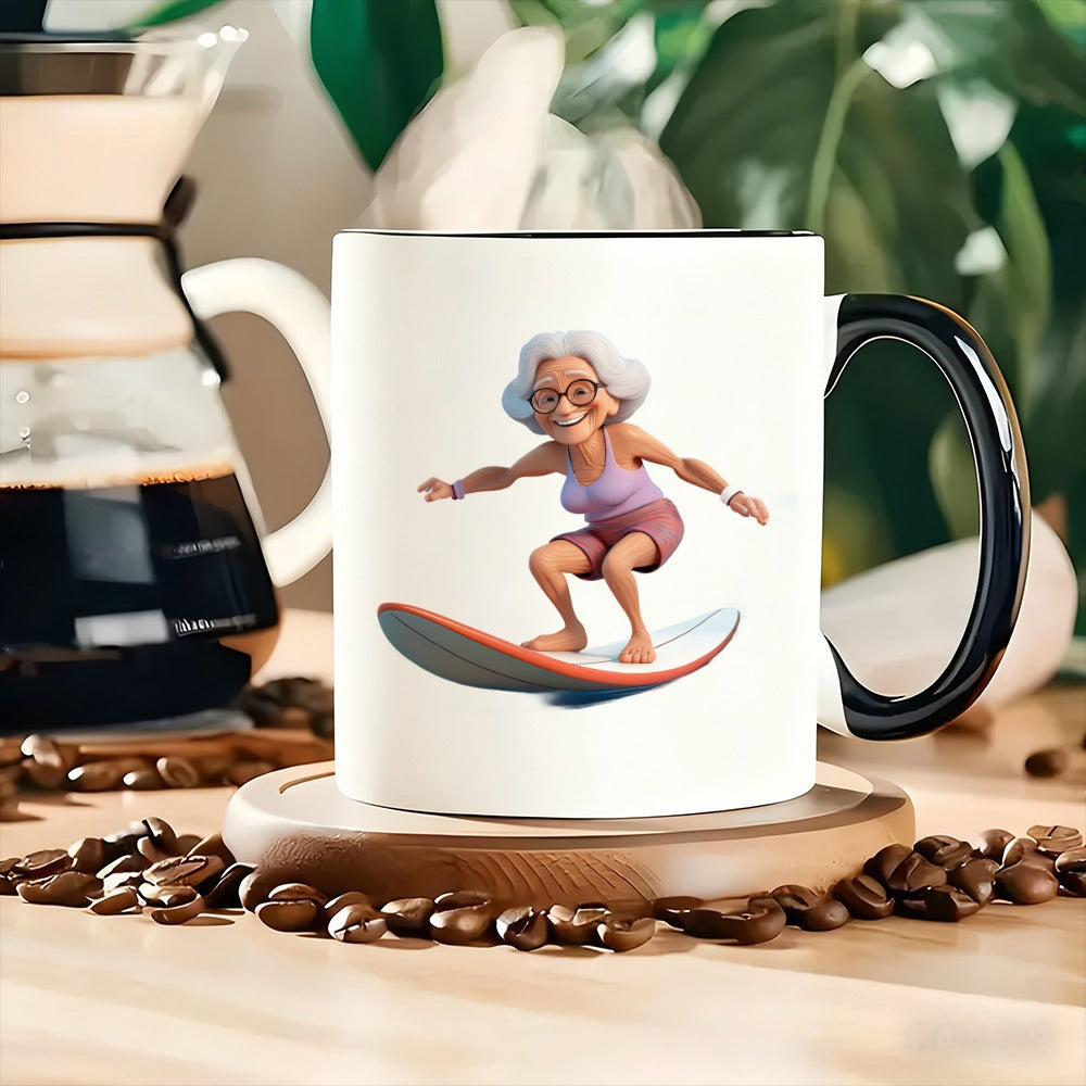 Tailorly Black Accent 11 oz Mug - an elderly woman surfing on a board