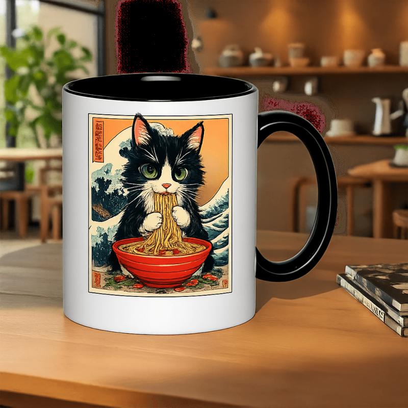 Tailorly Black Accent 11 oz Mug - black cat eating noodles ramen japanese wave