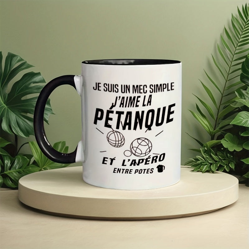 Tailorly Black Accent 11 oz Mug - petanque balls and pitches with French text