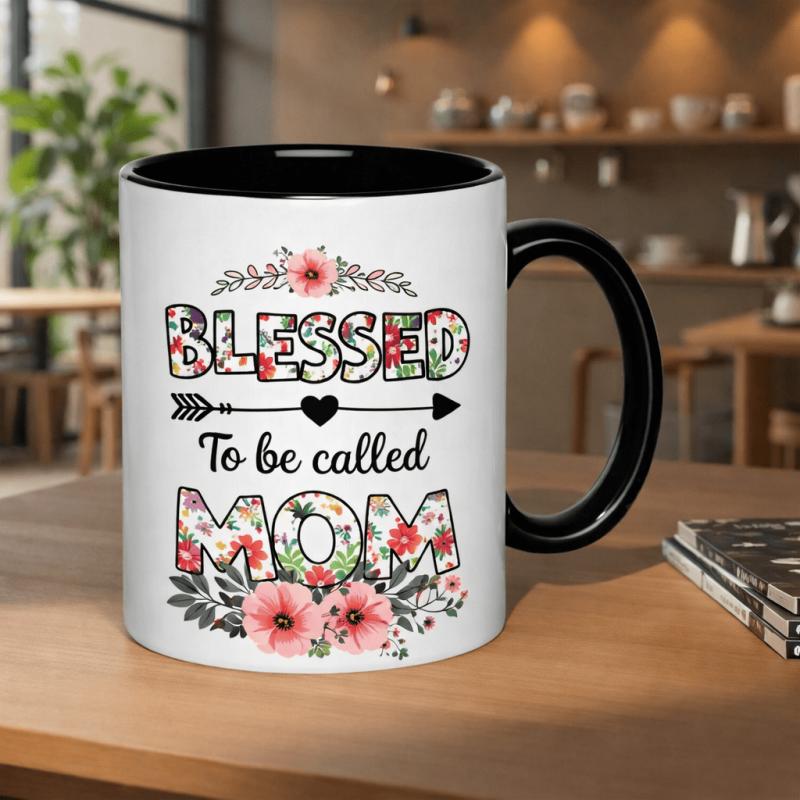 Tailorly Black Accent 11 oz Mug - blessed to be mom text