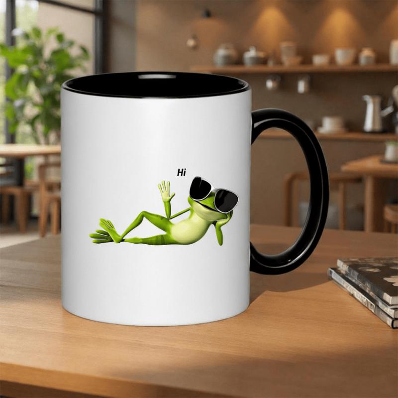 Tailorly Black Accent 11 oz Mug - a cool frog in glasses waving and greeting