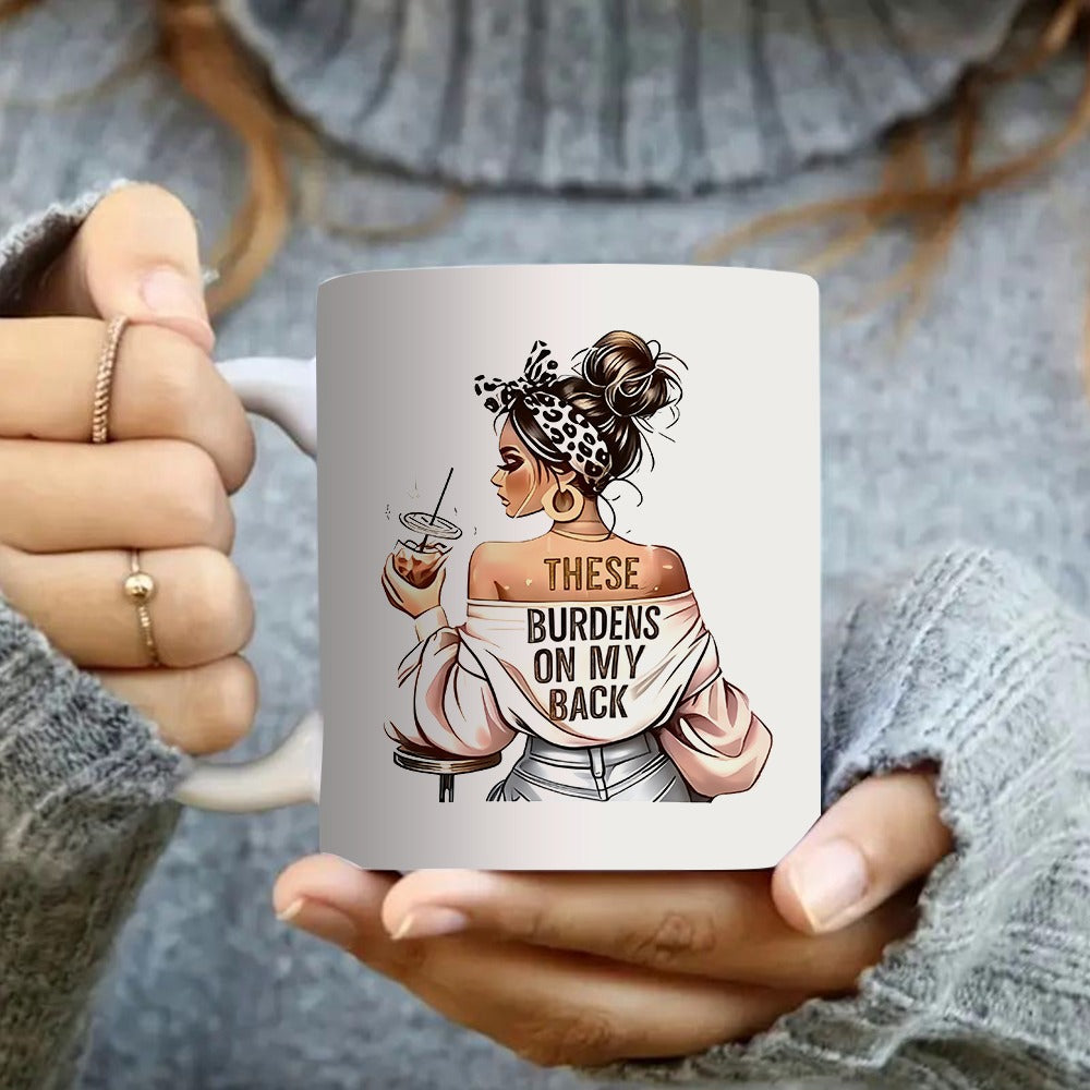Tailorly White Ceramic 11 oz Mug - a fashionable woman wearing a leopard print headband holding a beverage with the words _18014ea23a9e41a1b4c9b531bac17aea