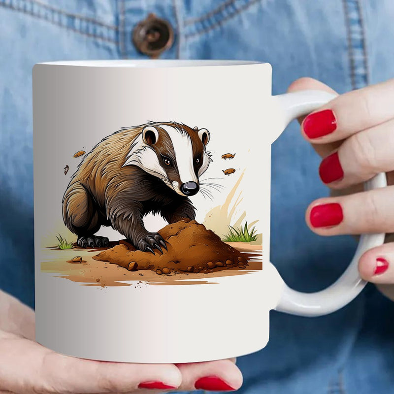 Tailorly White Ceramic 11 oz Mug - badger digging animal design