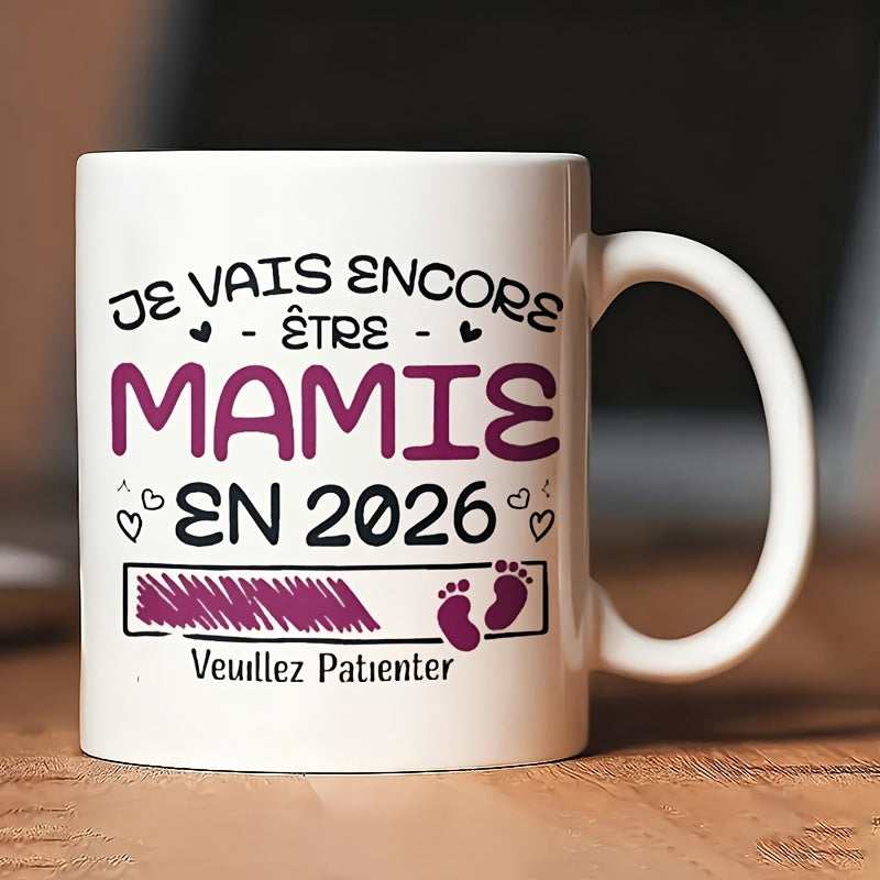 Tailorly White Ceramic 11 oz Mug - coffee travel mug and a humorous loading bar with text "I'm to be grandma in 2026"