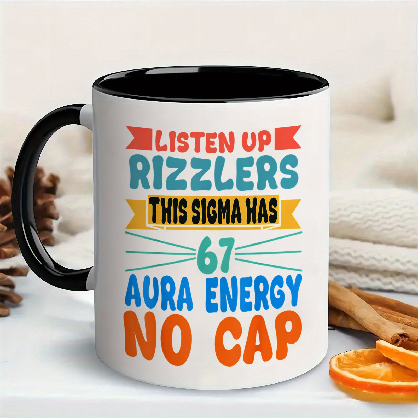 Tailorly Black Accent 11 oz Mug - this has 67 aura energy slogan colorful symbol