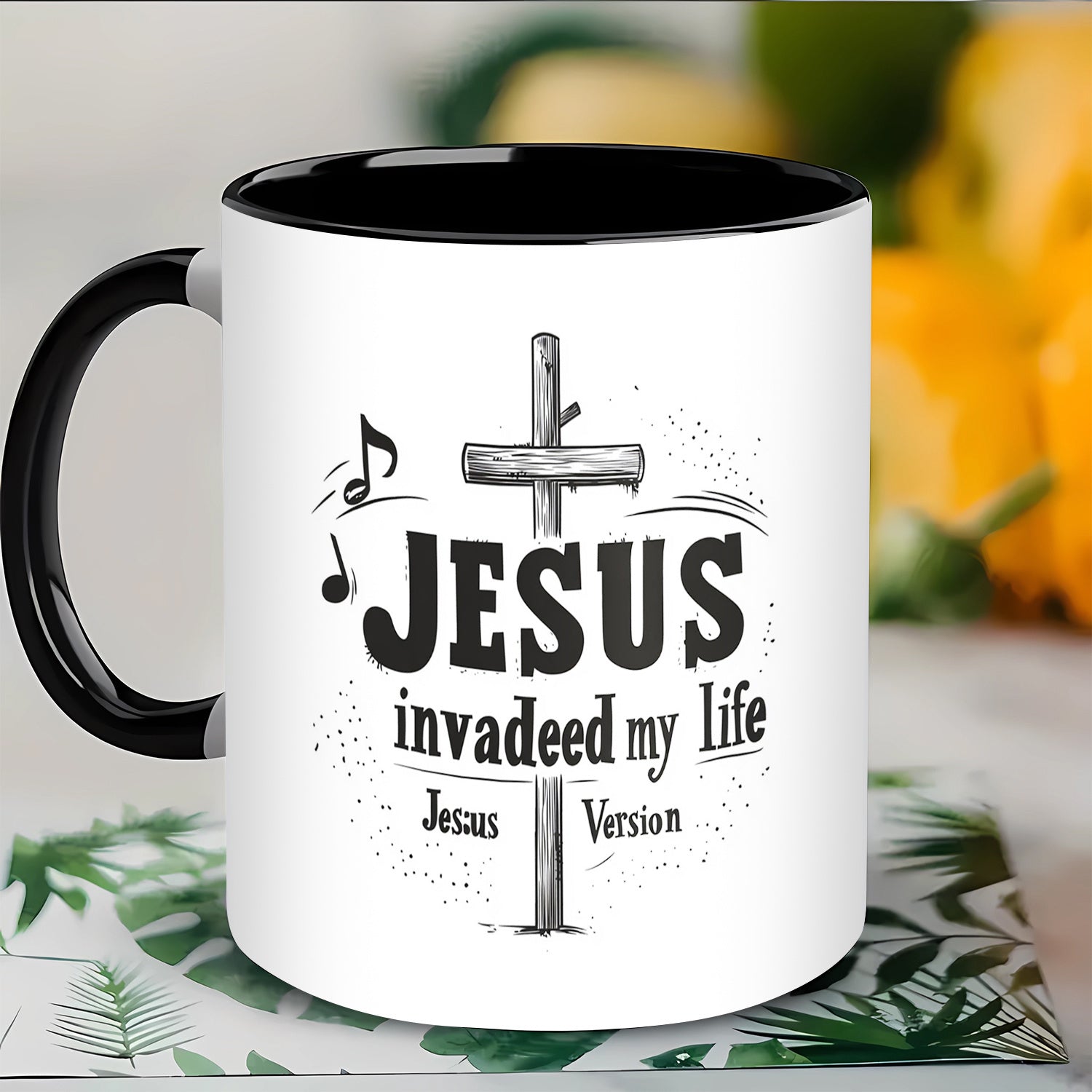 Tailorly Black Accent 11 oz Mug - cross design with religious inspirational quote