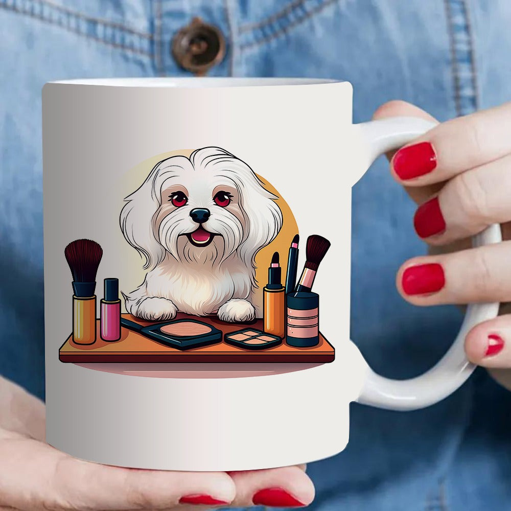 Tailorly White Ceramic 11 oz Mug - adorable animal with makeup tools