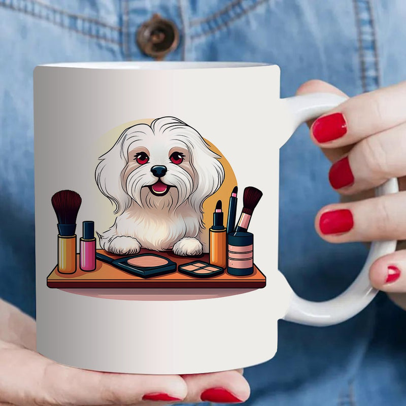 Tailorly White Ceramic 11 oz Mug - adorable animal with makeup tools