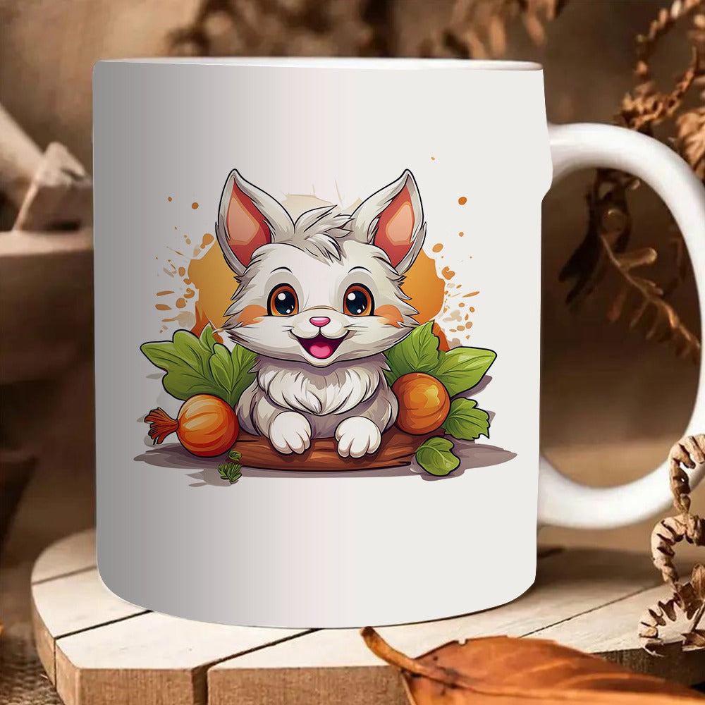 Tailorly White Ceramic 11 oz Mug - cute white rabbit with carrots and onions