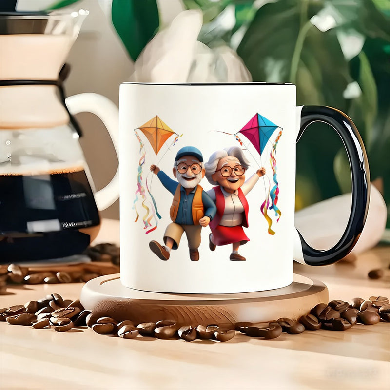Tailorly Black Accent 11 oz Mug - an adorable design of an elderly couple