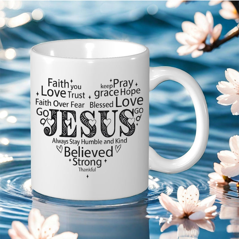 Tailorly White Ceramic 11 oz Mug - jesus word art faith print