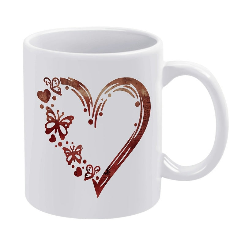 Tailorly White Ceramic 11 oz Mug - hearts butterflies and swirls