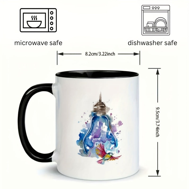 Tailorly Black Accent 11 oz Mug - hand painted bulb and hummingbird design