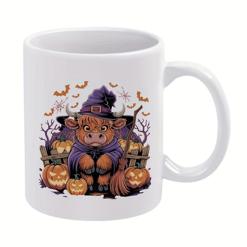 Tailorly White Ceramic 11 oz Mug - scottish cow highland cow with witch hat and pumpkins