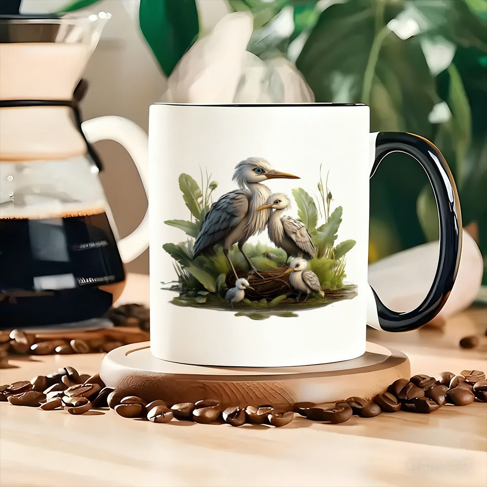 Tailorly Black Accent 11 oz Mug - scene of pond surrounded by vibrant greenery and a snug nest
