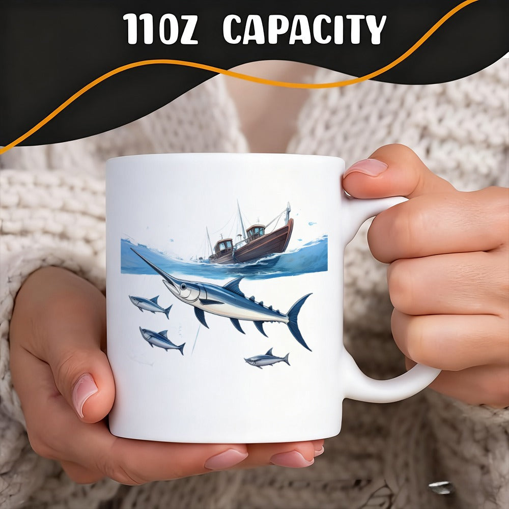 Tailorly White Ceramic 11 oz Mug - a sailboat and fishing theme