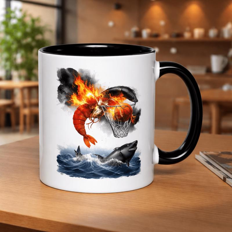Tailorly Black Accent 11 oz Mug - flaming shrimp basketball with sharks in ocean waves 11oz printed ceramic mug coffee mugs mug dishwasher safe
