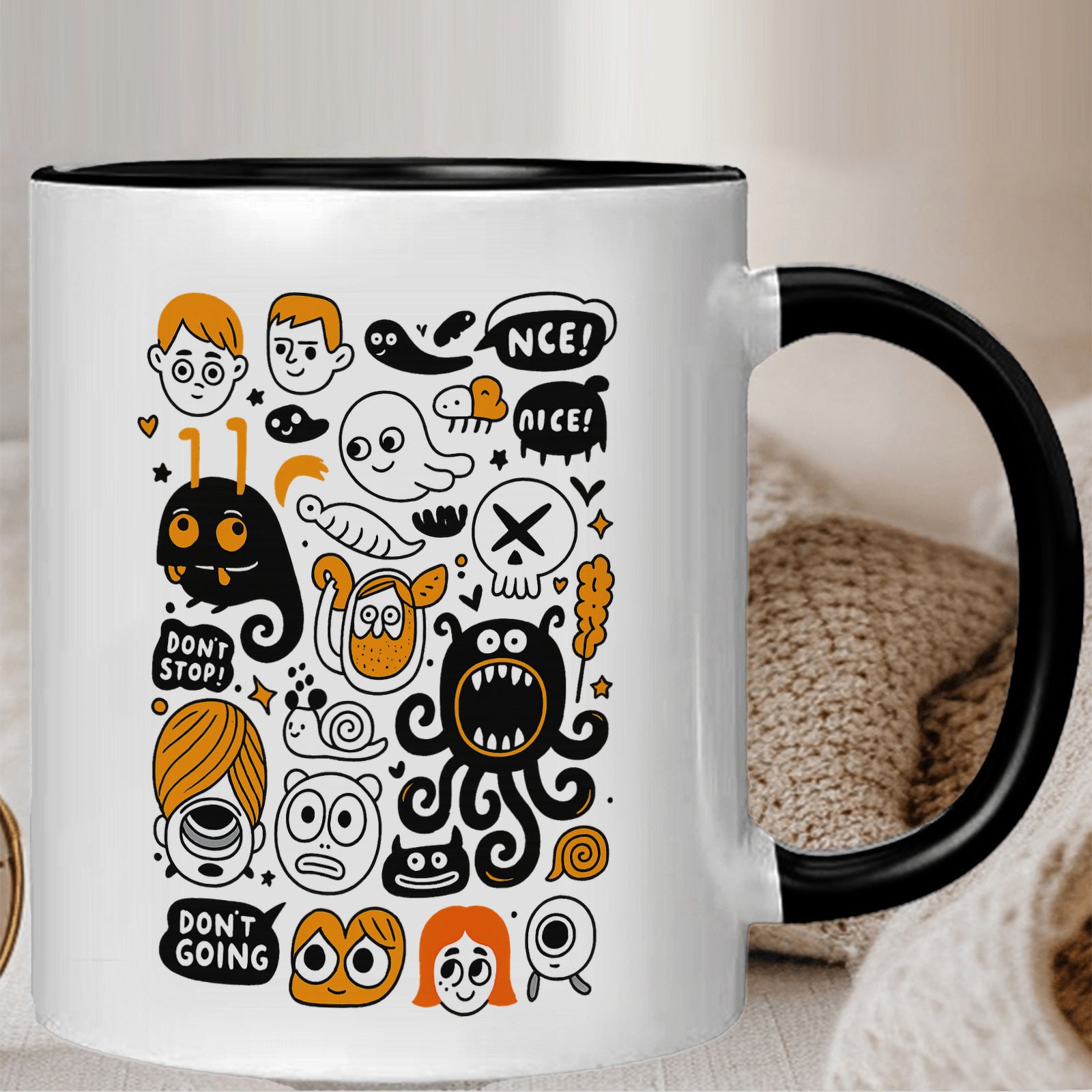 Tailorly Black Accent 11 oz Mug - ghosts and monsters