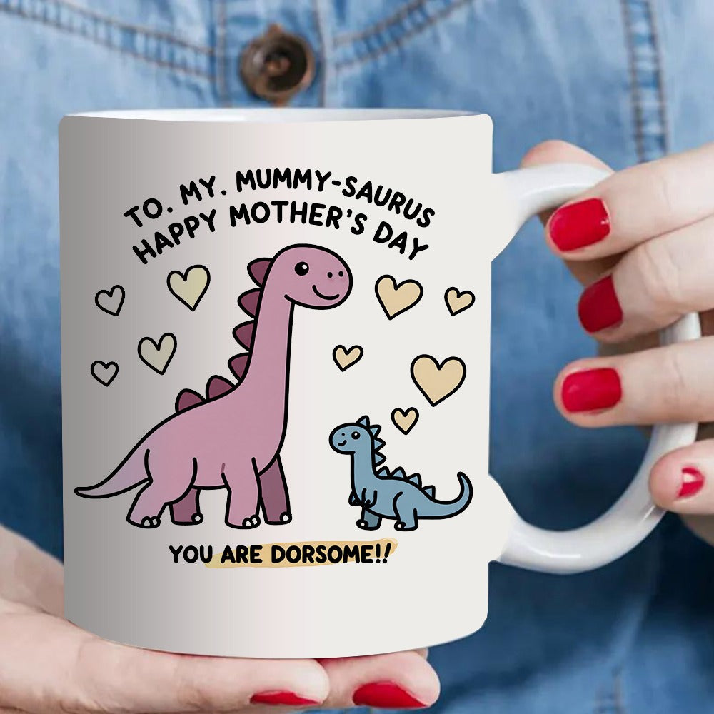 Tailorly White Ceramic 11 oz Mug - dinosaur mom and baby illustration