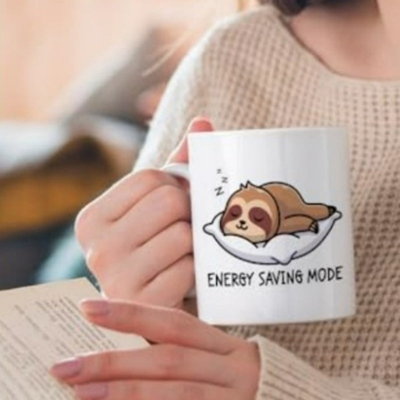 Tailorly White Ceramic 11 oz Mug - sloth themed funny coffee mug humorous art energy saving mode label